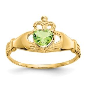 14k Gold Genuine CZ August Birthstone Claddagh Heart Ring, Size 7